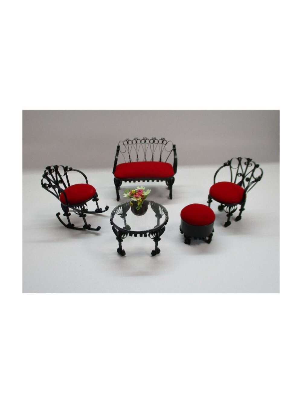 Vtg Doll House Furniture Metal Scrollwork Settee Chairs Table Footstool Handmade